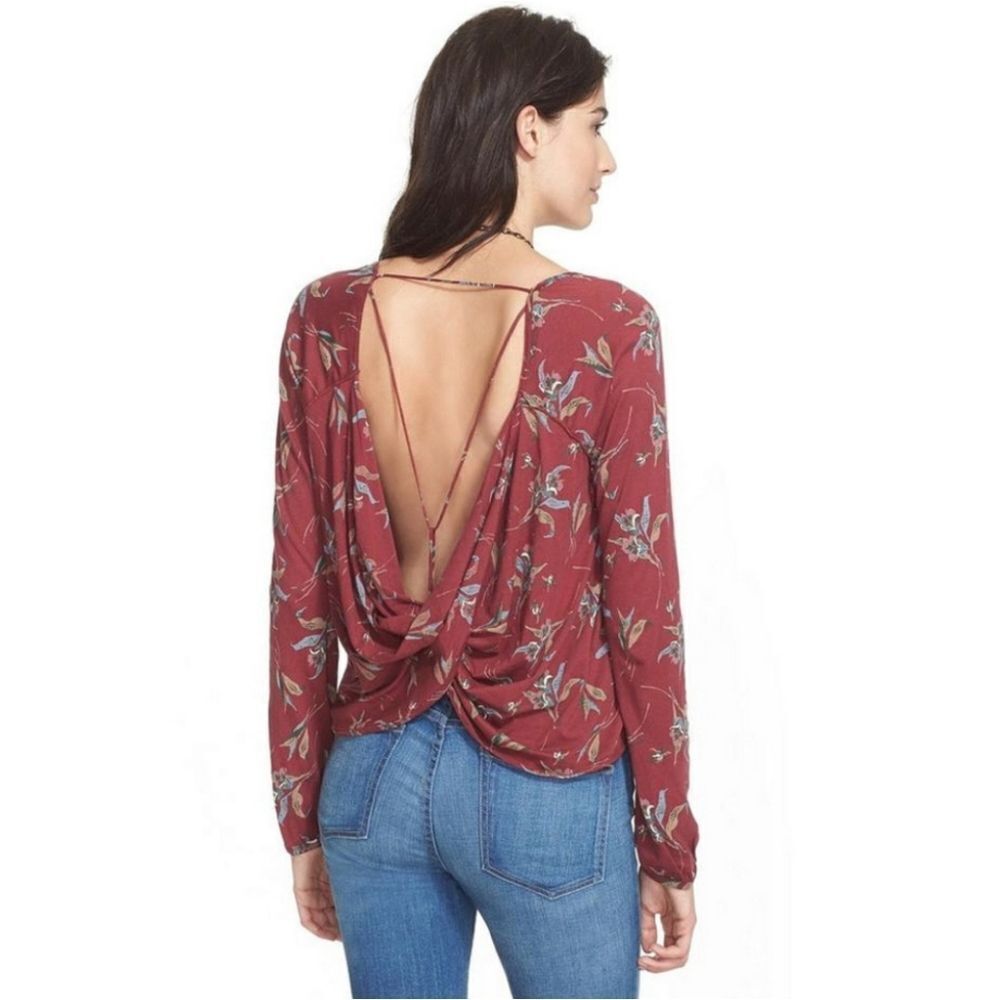 Free People Elsa Floral Open Back Cotton Jersey Modal Long Sleeve Top Sz S